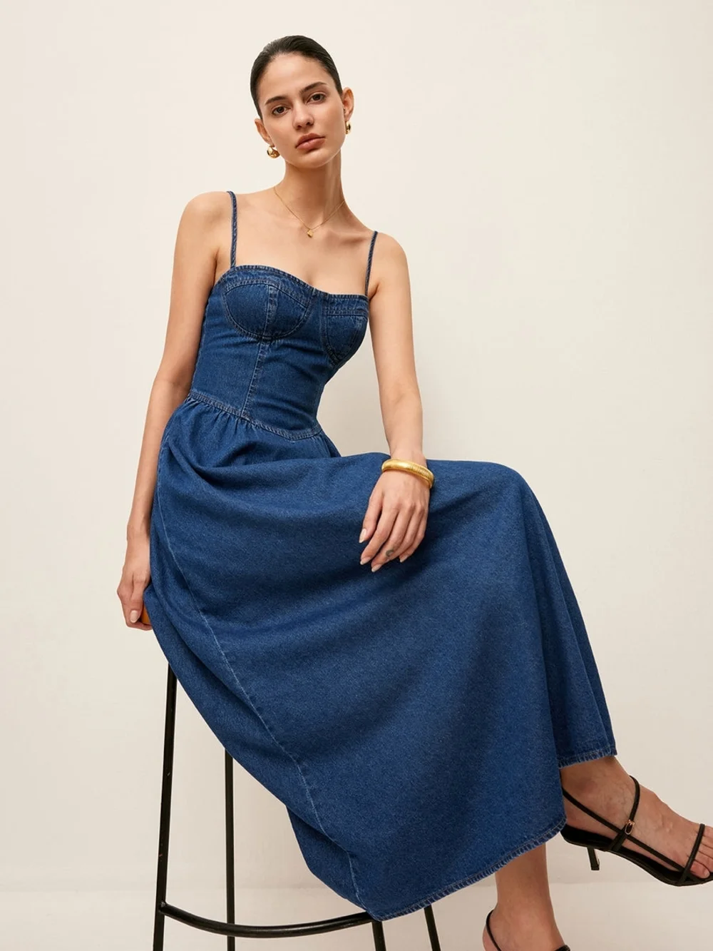 Commense Sweetheart Collar Denim Dress Large - Picture 3 of 5